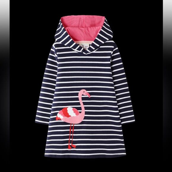 NEW Girls Hooded Long Sleeve Flamingo Appliqué dress - Picture 1 of 2